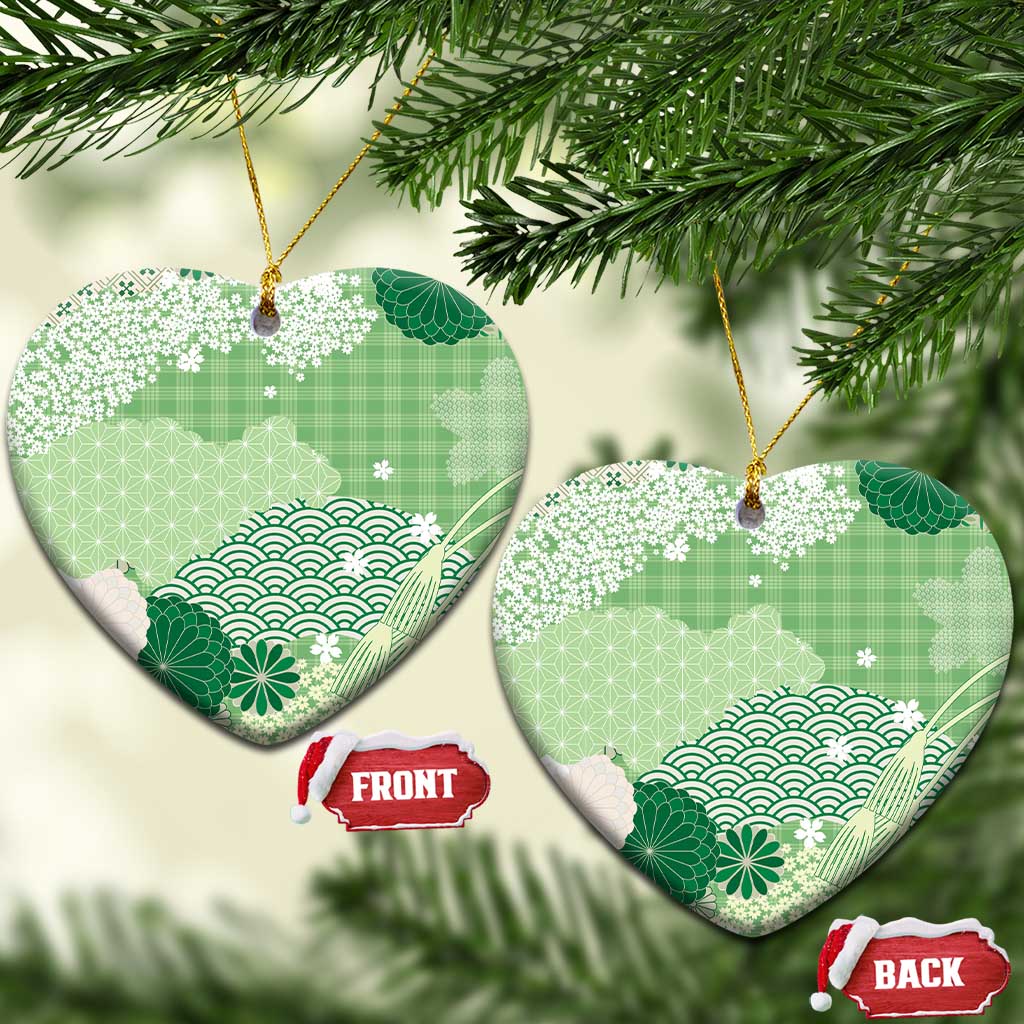 Green Palaka Japanese Patterns Ceramic Ornament Asanoha Seigaiha Sakura Motif - Polynesian Pride