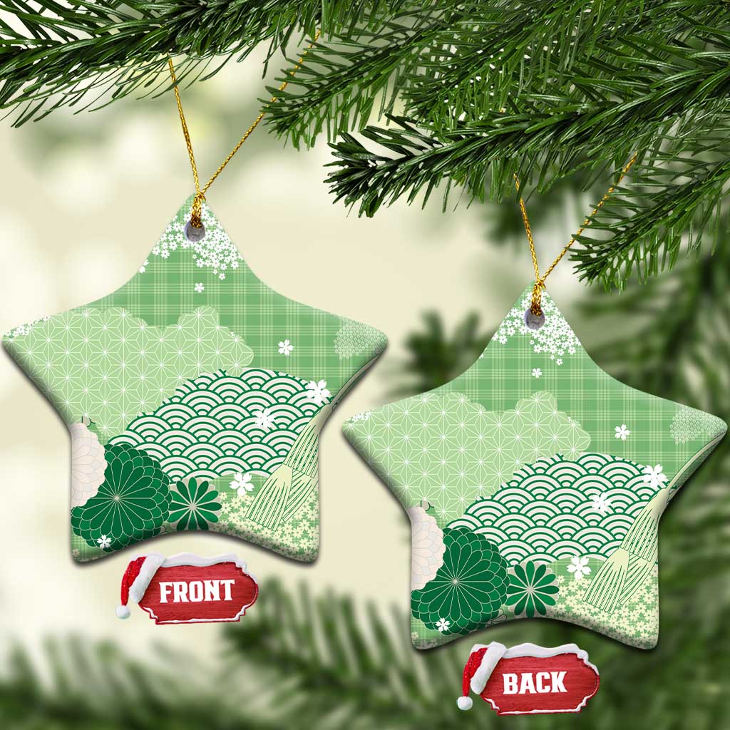 Green Palaka Japanese Patterns Ceramic Ornament Asanoha Seigaiha Sakura Motif - Polynesian Pride