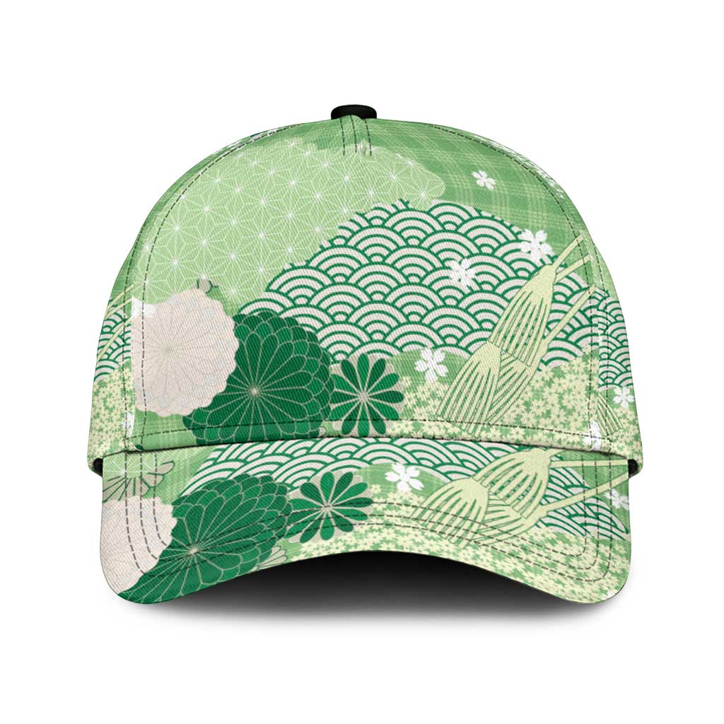 Green Japanese Traditional Motifs Classic Cap Palaka With Asanoha Seigaiha Sakura - Polynesian Pride