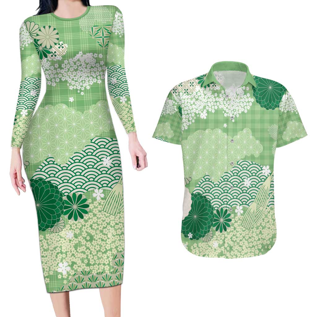 Green Palaka Japanese Patterns Couples Matching Long Sleeve Bodycon Dress and Hawaiian Shirt Asanoha Seigaiha Sakura Motif - Polynesian Pride