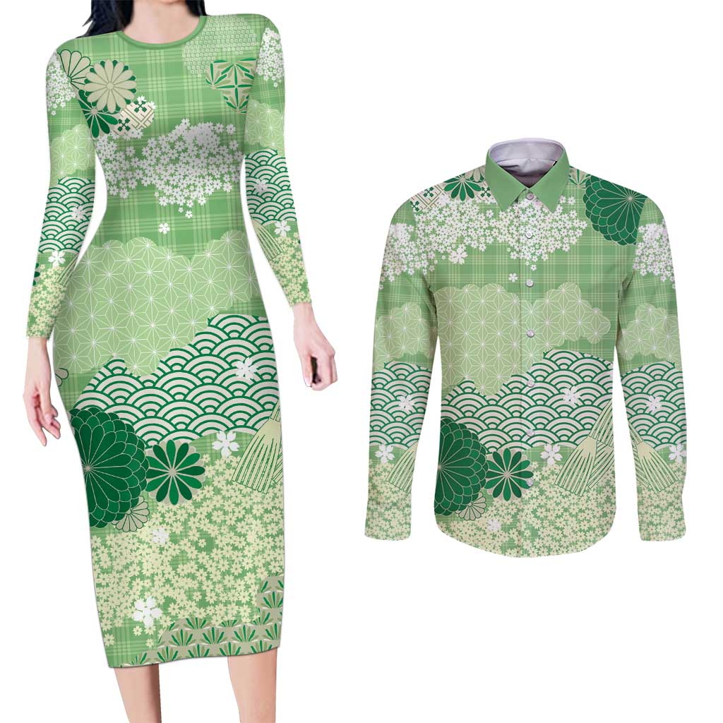 Green Palaka Japanese Patterns Couples Matching Long Sleeve Bodycon Dress and Long Sleeve Button Shirt Asanoha Seigaiha Sakura Motif - Polynesian Pride