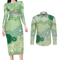 Green Palaka Japanese Patterns Couples Matching Long Sleeve Bodycon Dress and Long Sleeve Button Shirt Asanoha Seigaiha Sakura Motif - Polynesian Pride