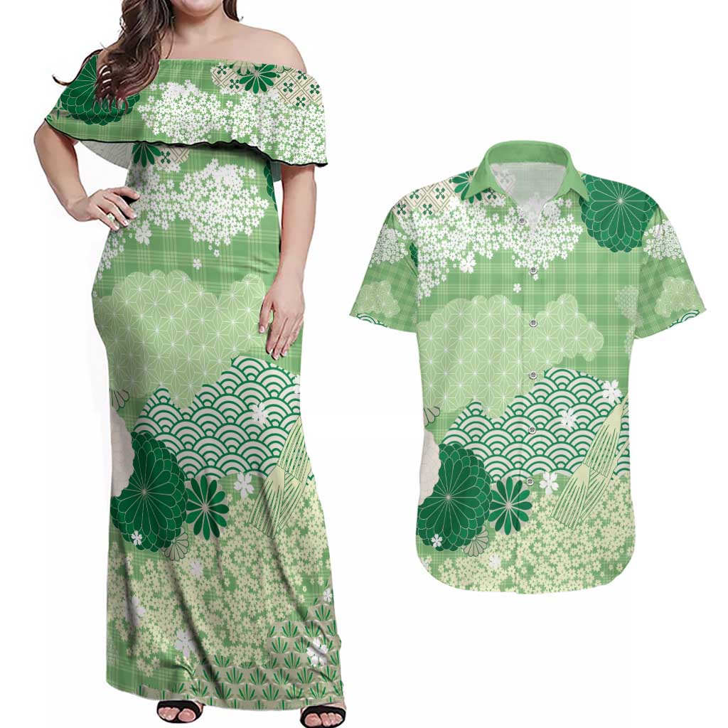 Green Palaka Japanese Patterns Couples Matching Off Shoulder Maxi Dress and Hawaiian Shirt Asanoha Seigaiha Sakura Motif - Polynesian Pride