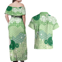 Green Palaka Japanese Patterns Couples Matching Off Shoulder Maxi Dress and Hawaiian Shirt Asanoha Seigaiha Sakura Motif - Polynesian Pride