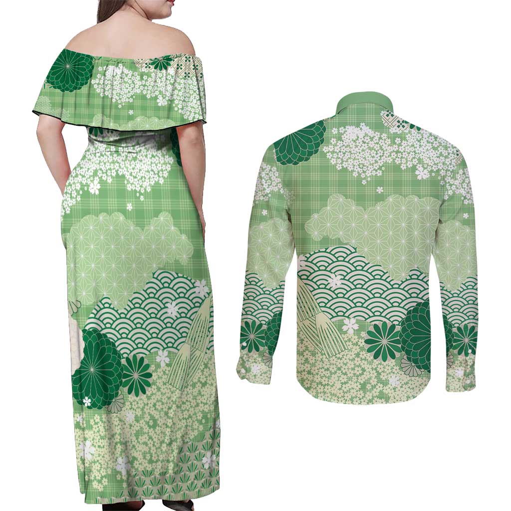 Green Palaka Japanese Patterns Couples Matching Off Shoulder Maxi Dress and Long Sleeve Button Shirt Asanoha Seigaiha Sakura Motif - Polynesian Pride