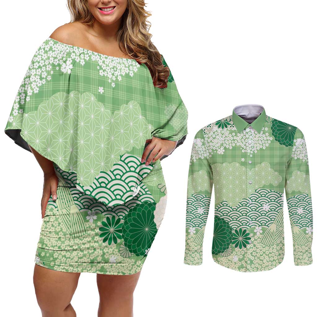 Green Palaka Japanese Patterns Couples Matching Off Shoulder Short Dress and Long Sleeve Button Shirt Asanoha Seigaiha Sakura Motif - Polynesian Pride