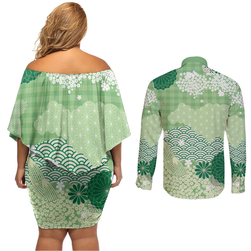 Green Palaka Japanese Patterns Couples Matching Off Shoulder Short Dress and Long Sleeve Button Shirt Asanoha Seigaiha Sakura Motif - Polynesian Pride