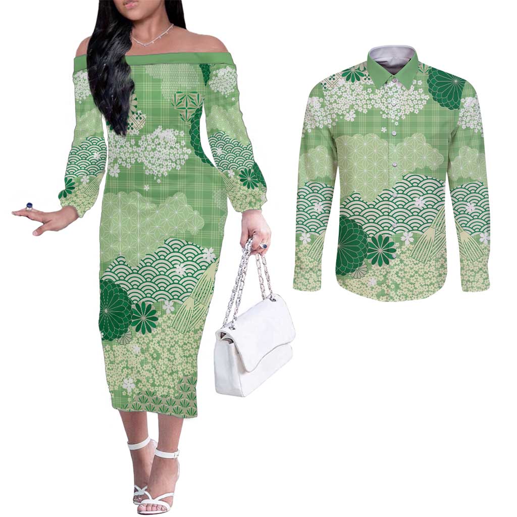 Green Palaka Japanese Patterns Couples Matching Off The Shoulder Long Sleeve Dress and Long Sleeve Button Shirt Asanoha Seigaiha Sakura Motif - Polynesian Pride
