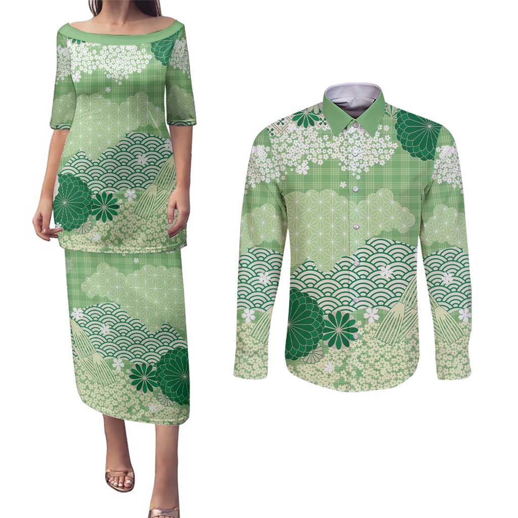 Green Palaka Japanese Patterns Couples Matching Puletasi and Long Sleeve Button Shirt Asanoha Seigaiha Sakura Motif - Polynesian Pride