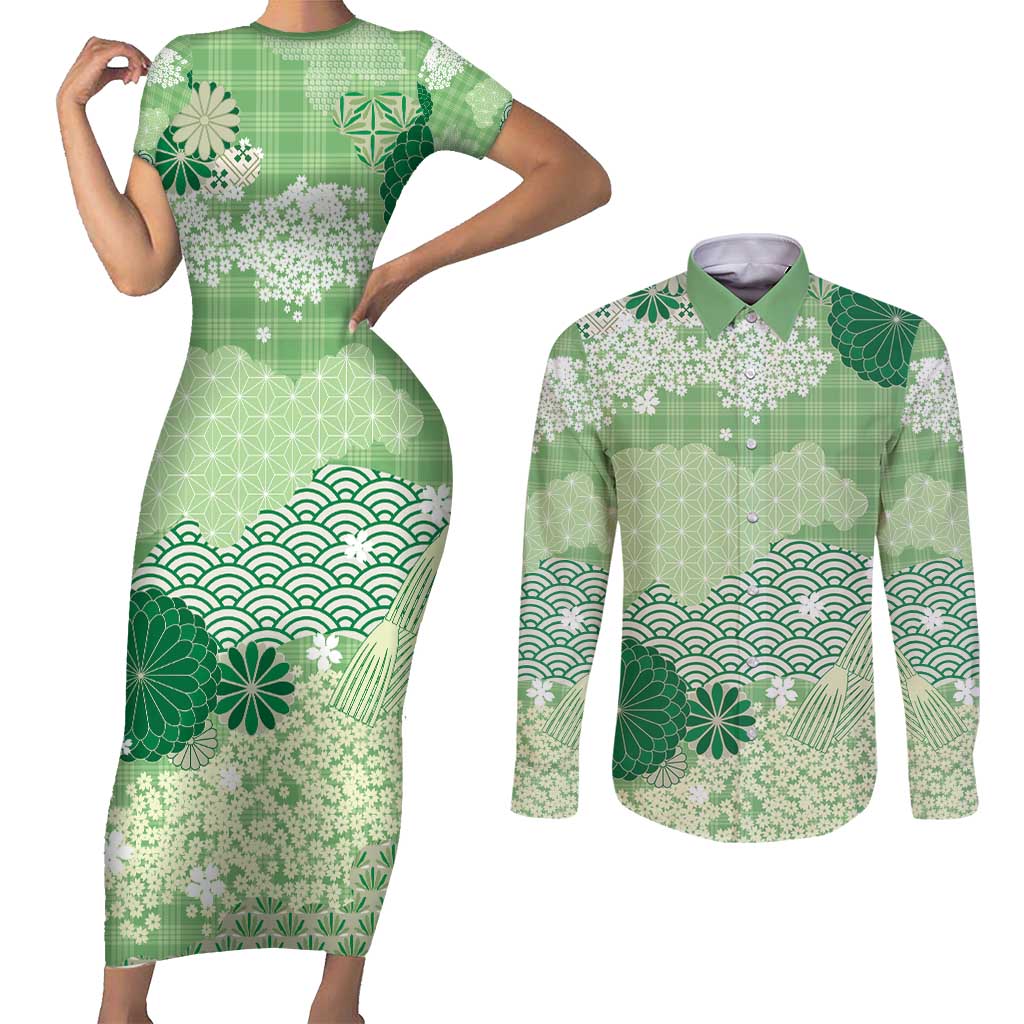 Green Palaka Japanese Patterns Couples Matching Short Sleeve Bodycon Dress and Long Sleeve Button Shirt Asanoha Seigaiha Sakura Motif - Polynesian Pride