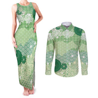 Green Palaka Japanese Patterns Couples Matching Tank Maxi Dress and Long Sleeve Button Shirt Asanoha Seigaiha Sakura Motif - Polynesian Pride