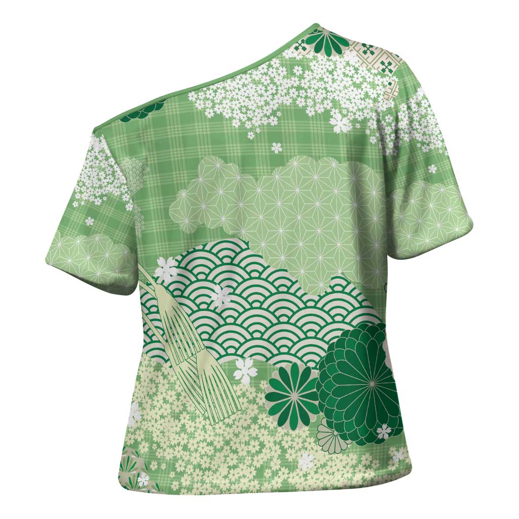 Green Palaka Japanese Patterns Cross Shoulder Shirt Asanoha Seigaiha Sakura Motif - Polynesian Pride