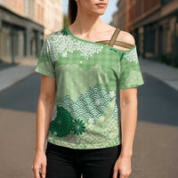 Green Palaka Japanese Patterns Cross Shoulder Shirt Asanoha Seigaiha Sakura Motif - Polynesian Pride