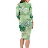 Green Palaka Japanese Patterns Family Matching Long Sleeve Bodycon Dress and Hawaiian Shirt Asanoha Seigaiha Sakura Motif - Polynesian Pride