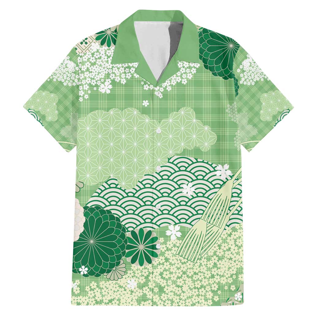 Green Palaka Japanese Patterns Family Matching Mermaid Dress and Hawaiian Shirt Asanoha Seigaiha Sakura Motif - Polynesian Pride