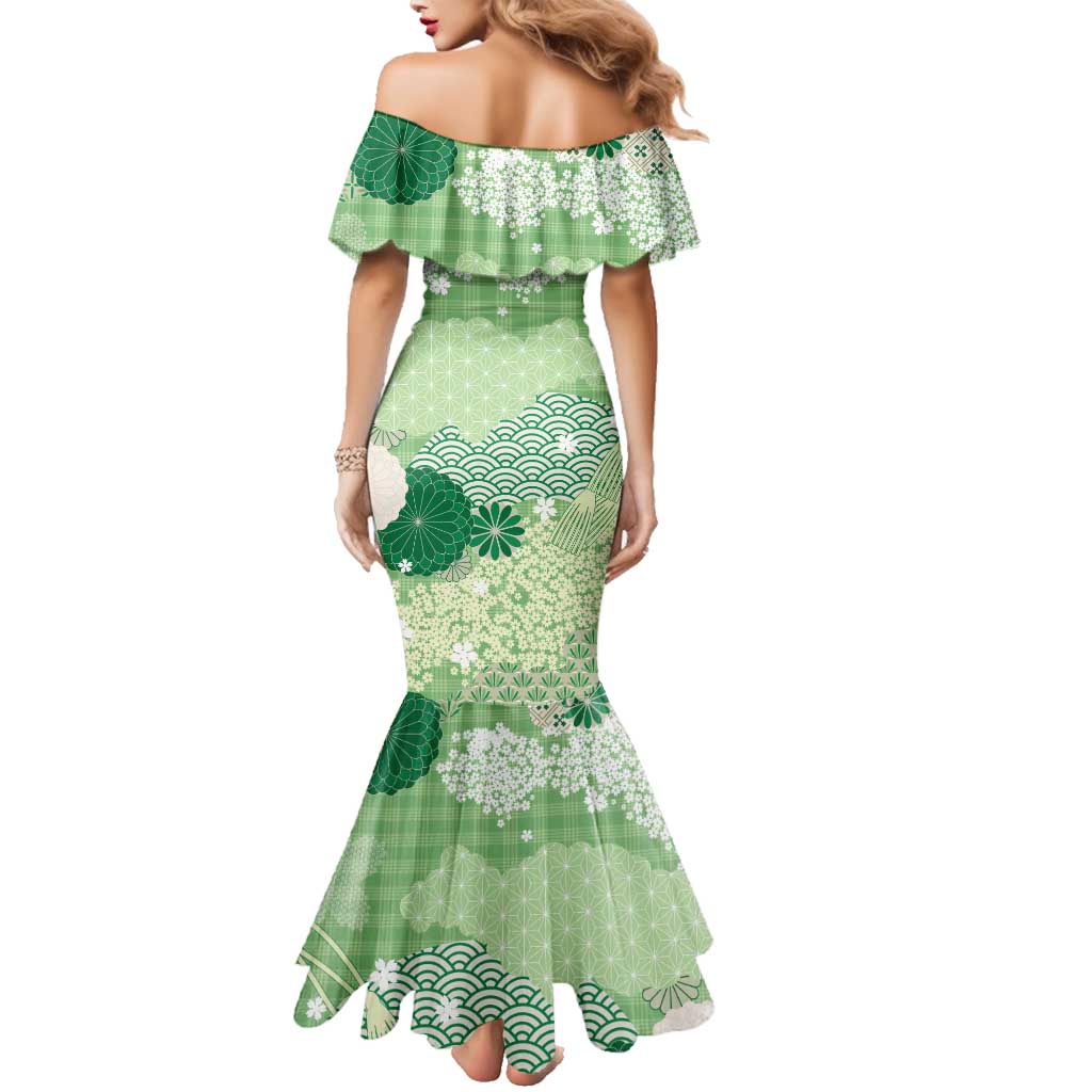 Green Palaka Japanese Patterns Family Matching Mermaid Dress and Hawaiian Shirt Asanoha Seigaiha Sakura Motif - Polynesian Pride