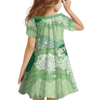 Green Palaka Japanese Patterns Family Matching Off The Shoulder Long Sleeve Dress and Hawaiian Shirt Asanoha Seigaiha Sakura Motif - Polynesian Pride