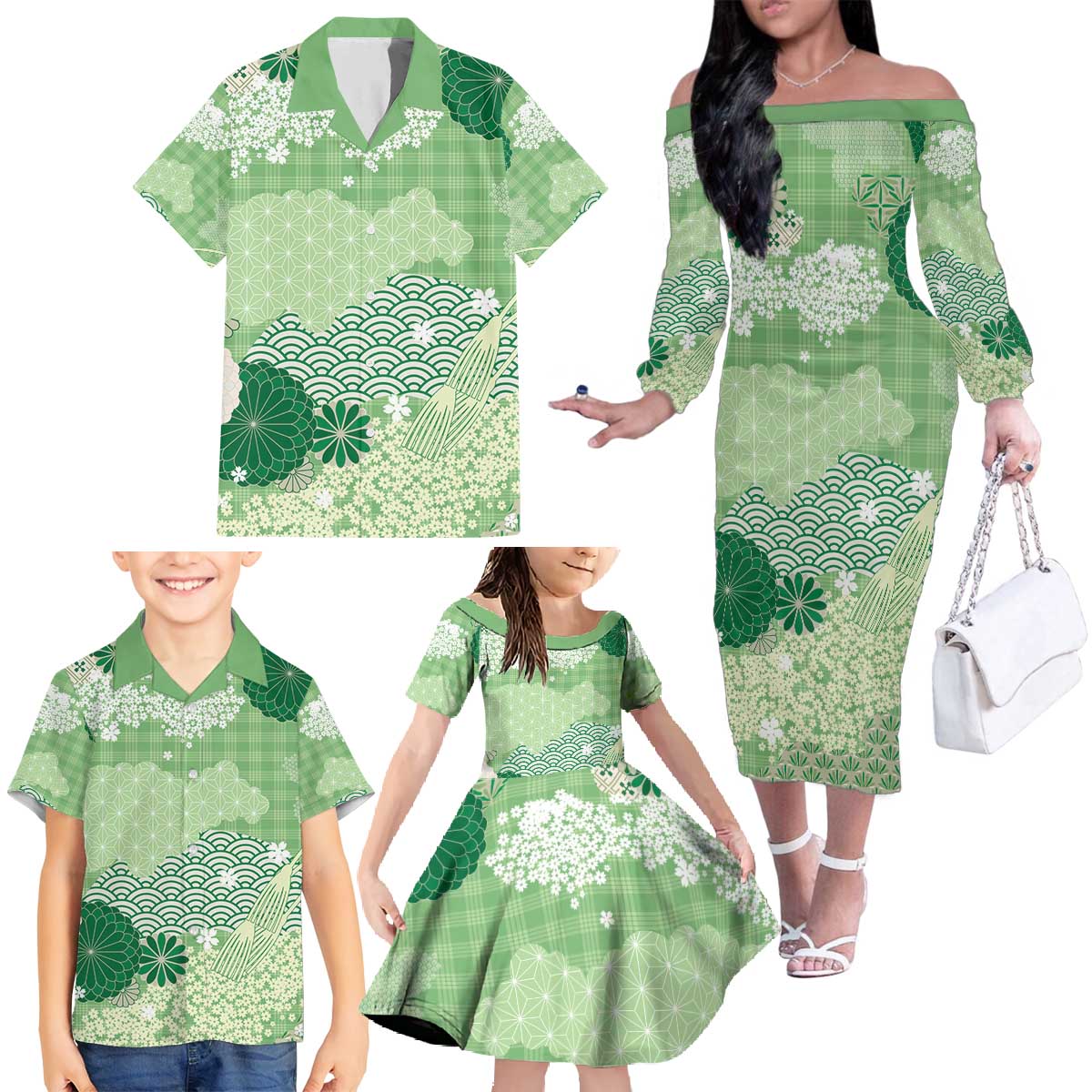 Green Palaka Japanese Patterns Family Matching Off The Shoulder Long Sleeve Dress and Hawaiian Shirt Asanoha Seigaiha Sakura Motif - Polynesian Pride
