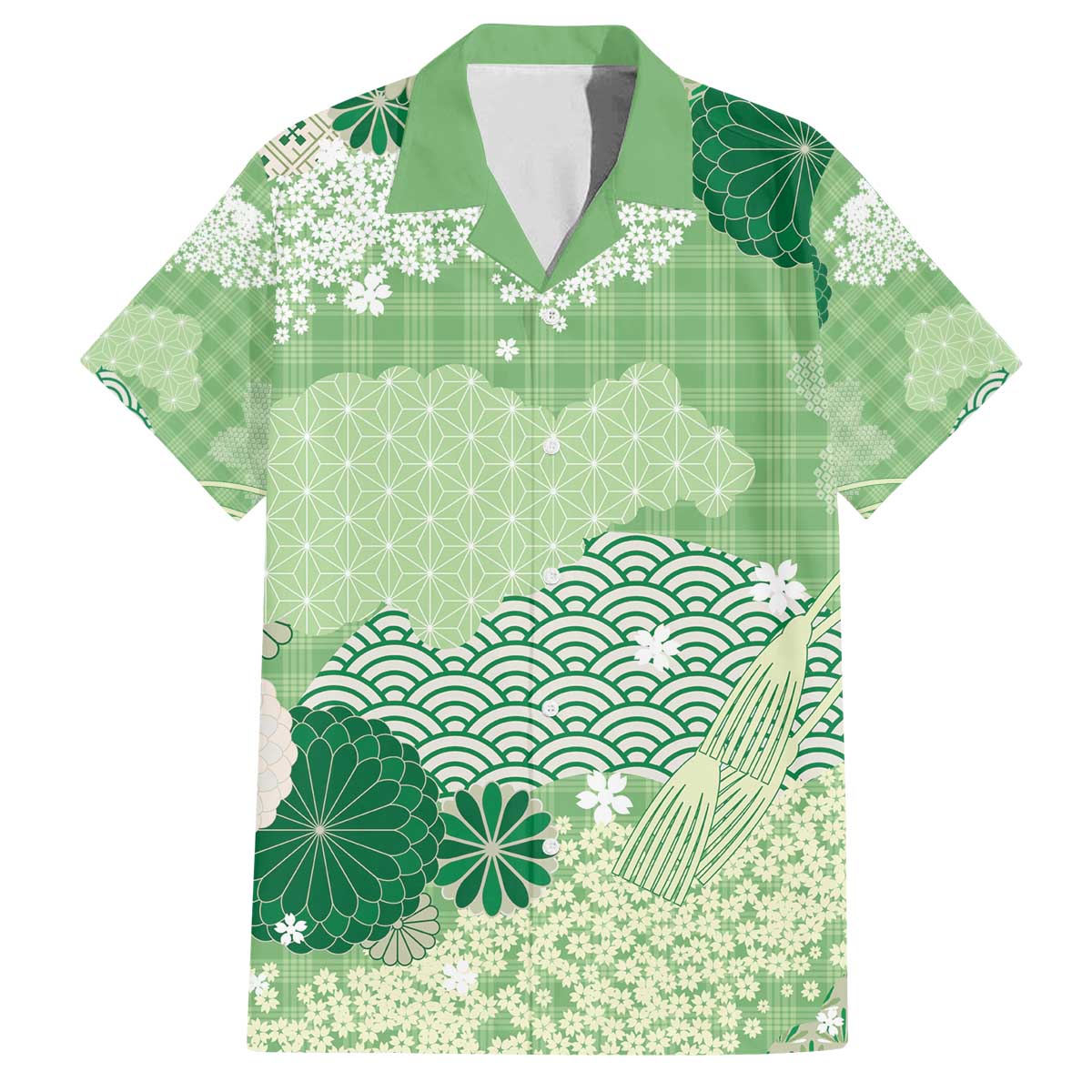 Green Palaka Japanese Patterns Family Matching Off The Shoulder Long Sleeve Dress and Hawaiian Shirt Asanoha Seigaiha Sakura Motif - Polynesian Pride