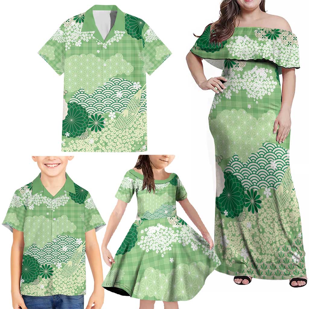 Green Palaka Japanese Patterns Family Matching Off Shoulder Maxi Dress and Hawaiian Shirt Asanoha Seigaiha Sakura Motif - Polynesian Pride