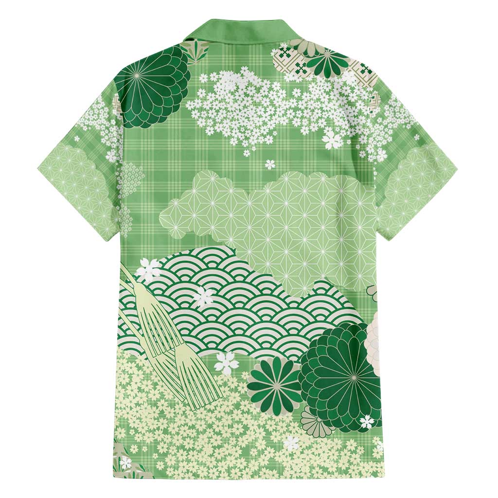 Green Palaka Japanese Patterns Family Matching Off Shoulder Maxi Dress and Hawaiian Shirt Asanoha Seigaiha Sakura Motif - Polynesian Pride