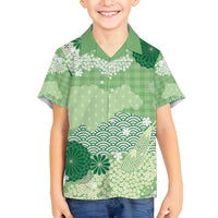 Green Palaka Japanese Patterns Family Matching Off Shoulder Maxi Dress and Hawaiian Shirt Asanoha Seigaiha Sakura Motif - Polynesian Pride