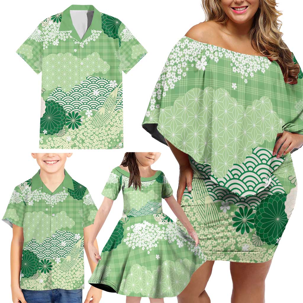 Green Palaka Japanese Patterns Family Matching Off Shoulder Short Dress and Hawaiian Shirt Asanoha Seigaiha Sakura Motif - Polynesian Pride