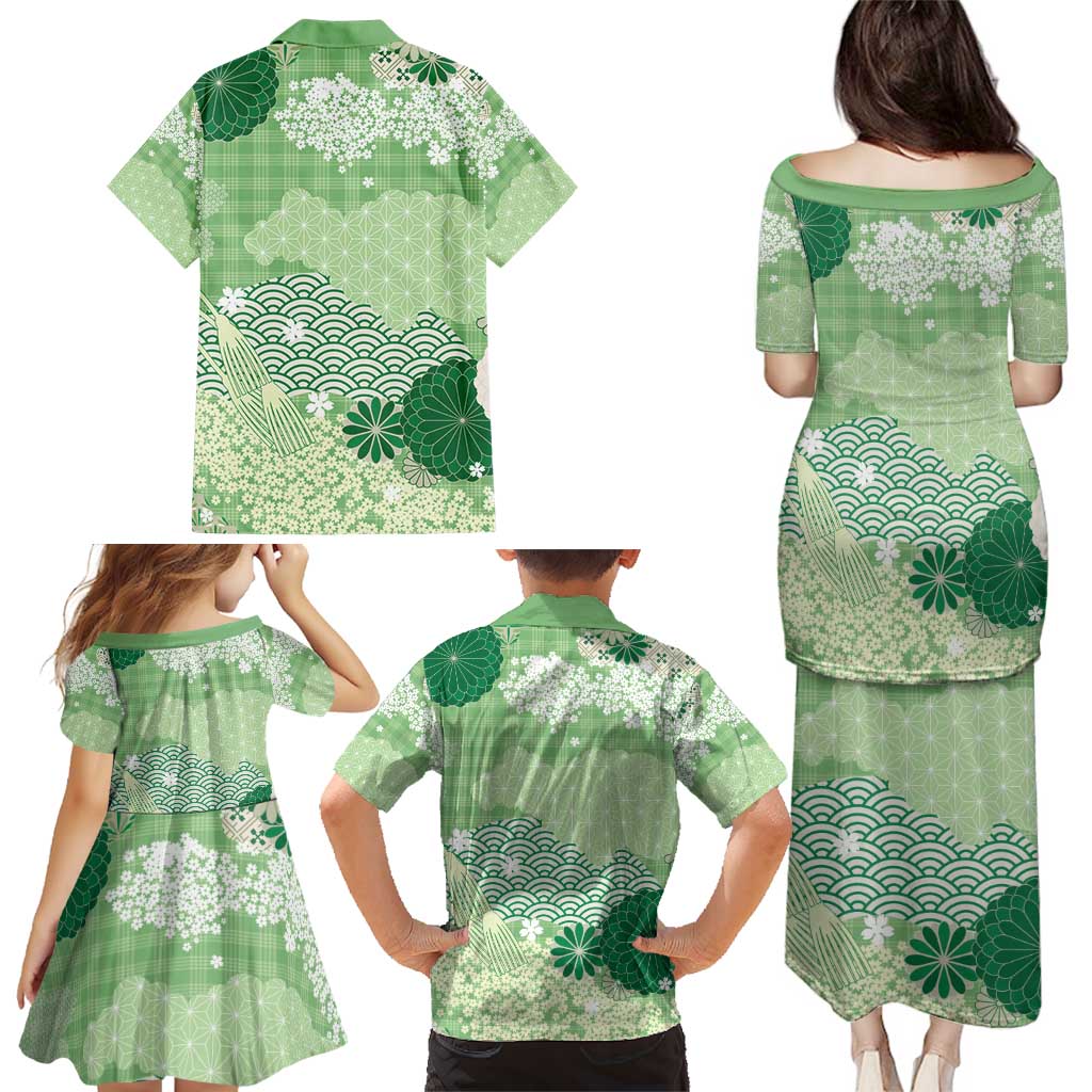 Green Palaka Japanese Patterns Family Matching Puletasi and Hawaiian Shirt Asanoha Seigaiha Sakura Motif - Polynesian Pride