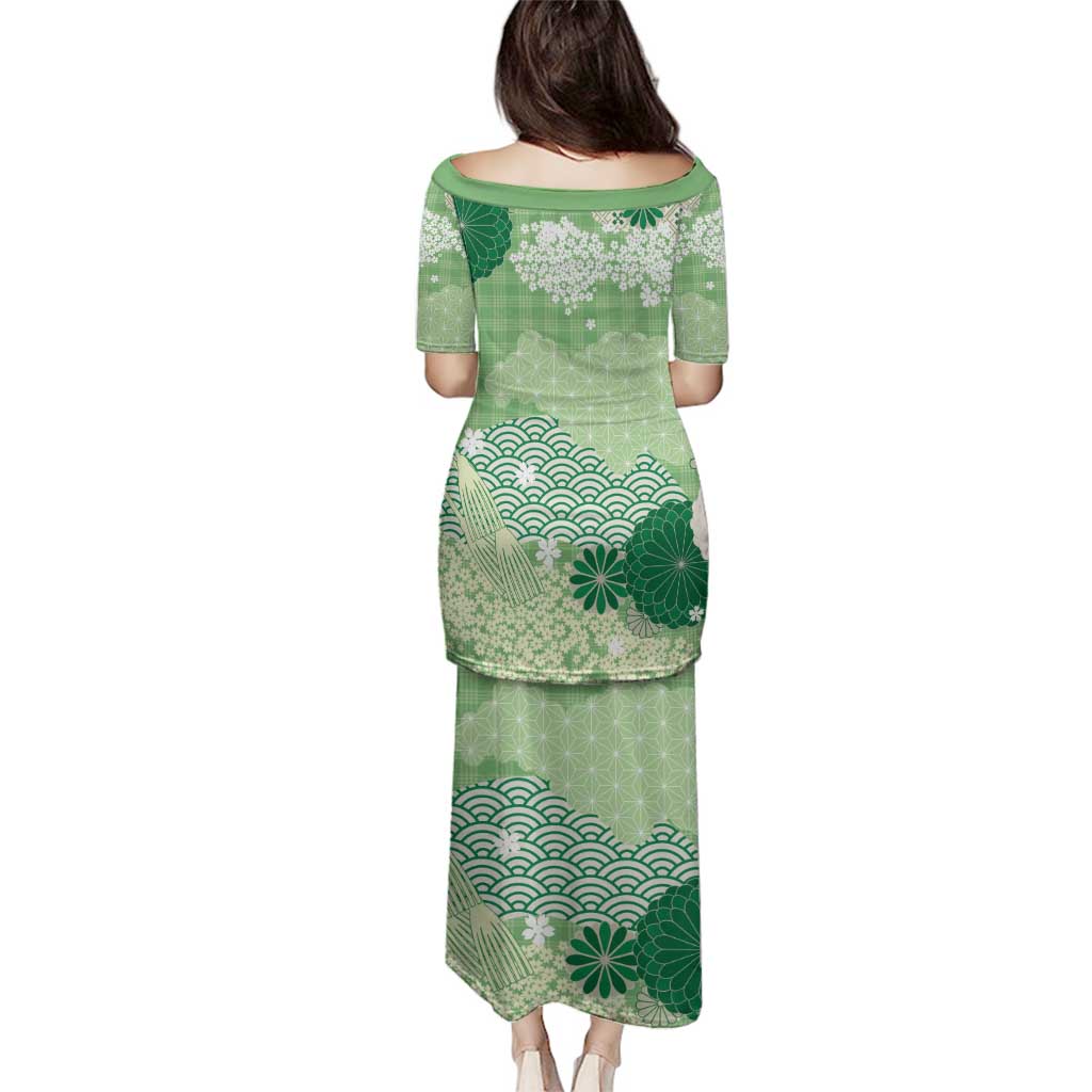 Green Palaka Japanese Patterns Family Matching Puletasi and Hawaiian Shirt Asanoha Seigaiha Sakura Motif - Polynesian Pride