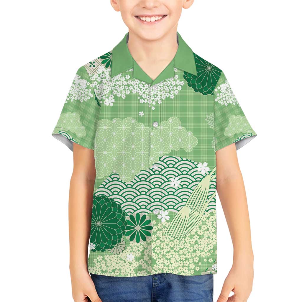 Green Palaka Japanese Patterns Family Matching Puletasi and Hawaiian Shirt Asanoha Seigaiha Sakura Motif - Polynesian Pride