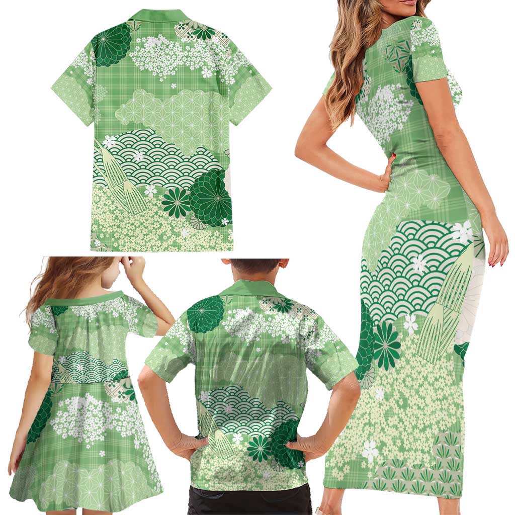 Green Palaka Japanese Patterns Family Matching Short Sleeve Bodycon Dress and Hawaiian Shirt Asanoha Seigaiha Sakura Motif - Polynesian Pride