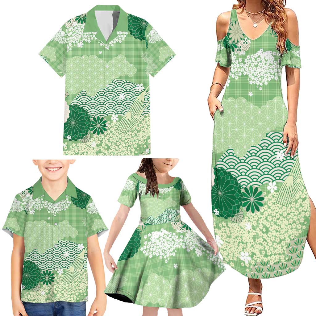 Green Palaka Japanese Patterns Family Matching Summer Maxi Dress and Hawaiian Shirt Asanoha Seigaiha Sakura Motif - Polynesian Pride