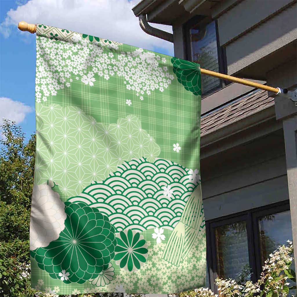 Green Palaka Japanese Patterns Garden Flag Asanoha Seigaiha Sakura Motif - Polynesian Pride