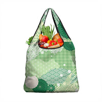 Green Palaka Japanese Patterns Grocery Bag Asanoha Seigaiha Sakura Motif - Polynesian Pride