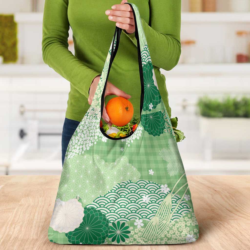 Green Palaka Japanese Patterns Grocery Bag Asanoha Seigaiha Sakura Motif - Polynesian Pride