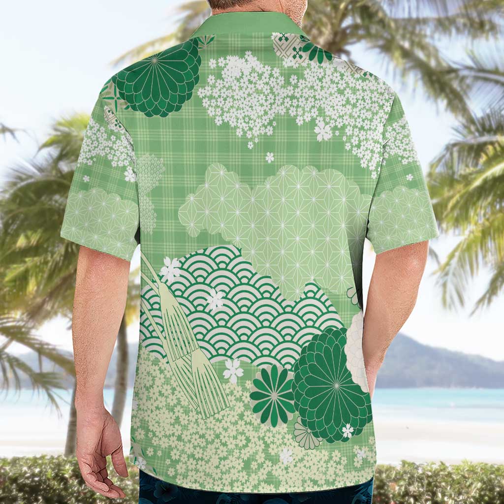 Green Palaka Japanese Patterns Hawaiian Shirt Asanoha Seigaiha Sakura Motif - Polynesian Pride