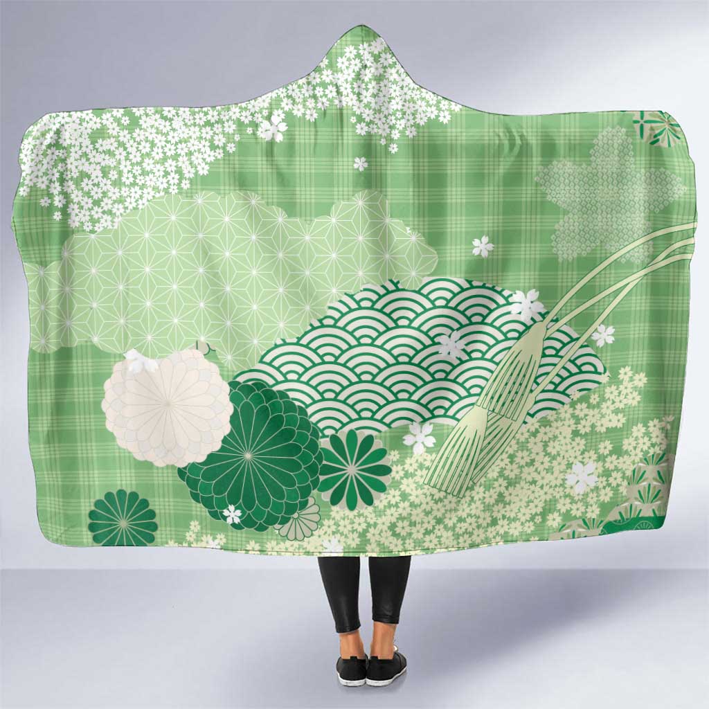 Green Palaka Japanese Patterns Hooded Blanket Asanoha Seigaiha Sakura Motif - Polynesian Pride