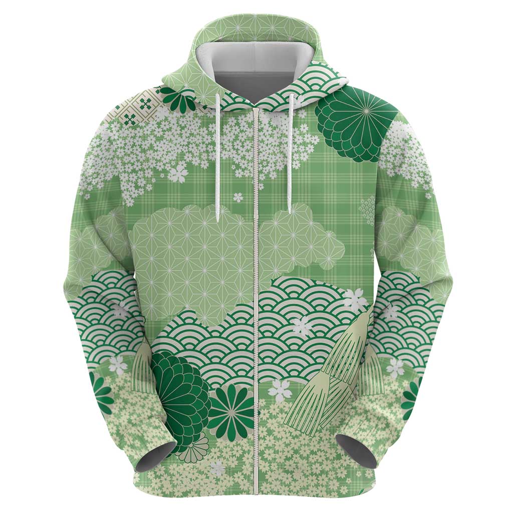 Green Palaka Japanese Patterns Hoodie Asanoha Seigaiha Sakura Motif - Polynesian Pride