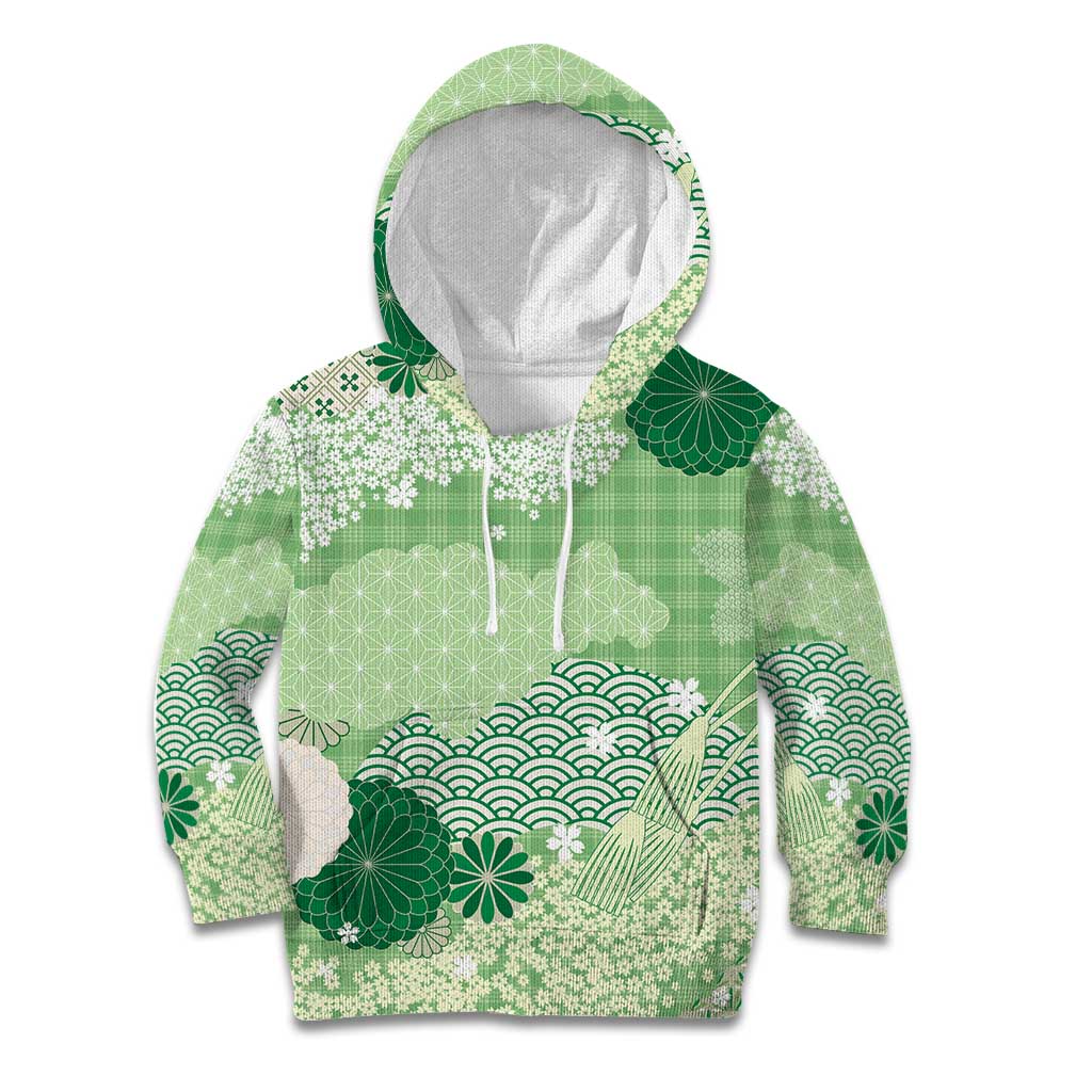 Green Palaka Japanese Patterns Kid Hoodie Asanoha Seigaiha Sakura Motif - Polynesian Pride