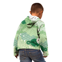 Green Palaka Japanese Patterns Kid Hoodie Asanoha Seigaiha Sakura Motif - Polynesian Pride