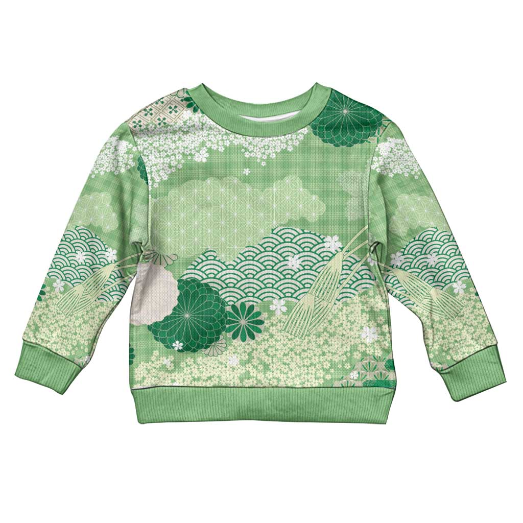 Green Palaka Japanese Patterns Kid Ugly Christmas Sweater Asanoha Seigaiha Sakura Motif - Polynesian Pride