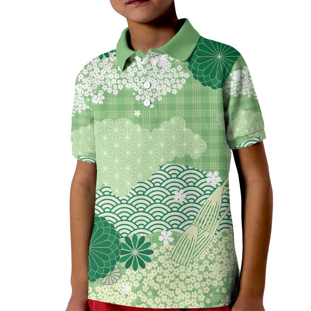 Green Palaka Japanese Patterns Kid Polo Shirt Asanoha Seigaiha Sakura Motif - Polynesian Pride