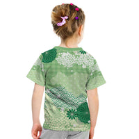 Green Palaka Japanese Patterns Kid T Shirt Asanoha Seigaiha Sakura Motif - Polynesian Pride
