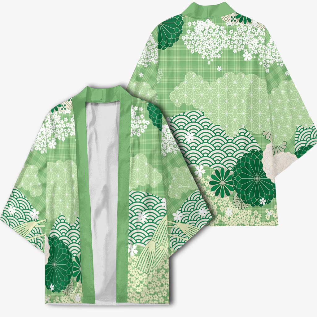 Green Palaka Japanese Patterns Kimono Asanoha Seigaiha Sakura Motif LT14 - Polynesian Pride