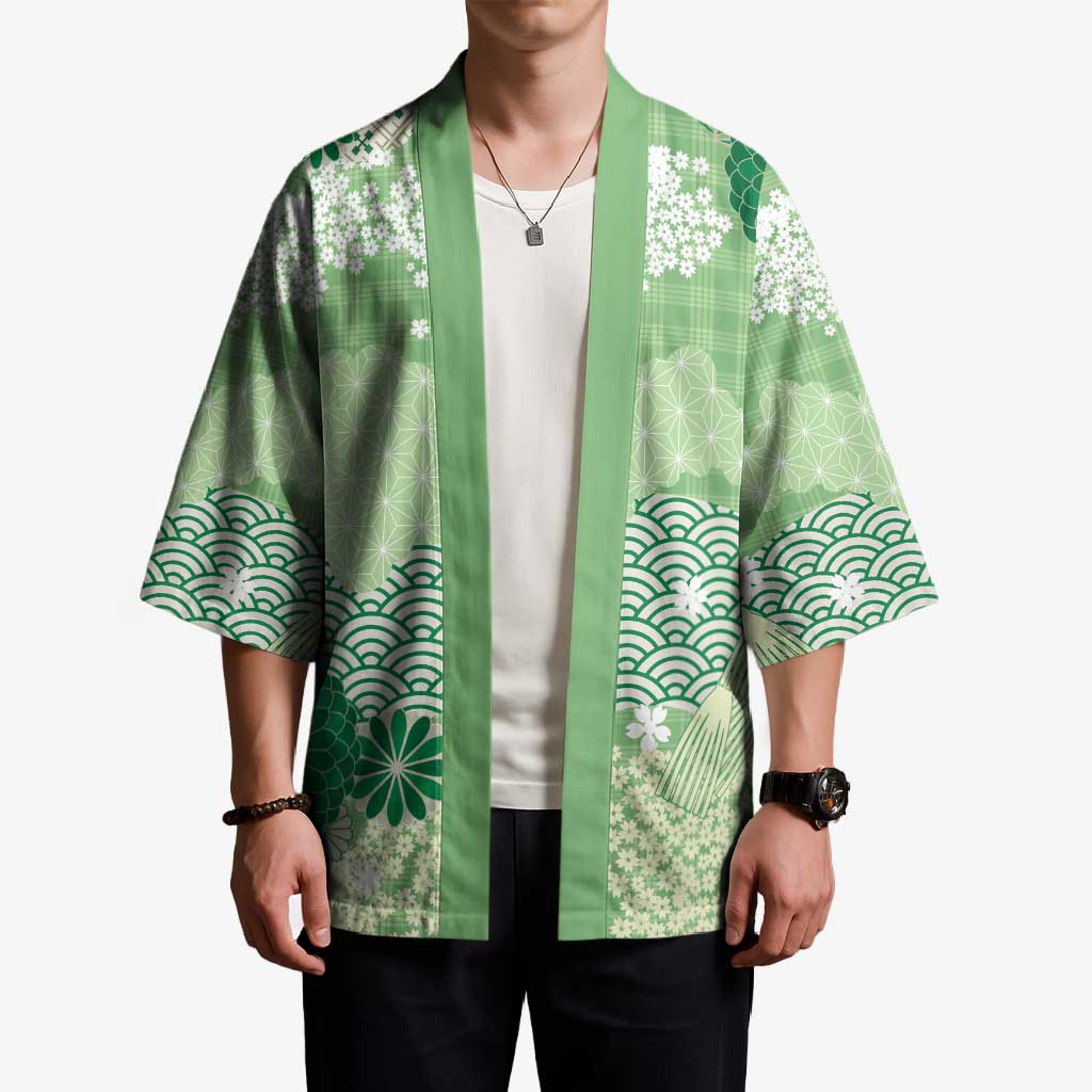 Green Palaka Japanese Patterns Kimono Asanoha Seigaiha Sakura Motif LT14 - Polynesian Pride