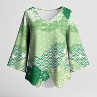 Green Palaka Japanese Patterns Kimono Sleeve Blouse Asanoha Seigaiha Sakura Motif - Polynesian Pride