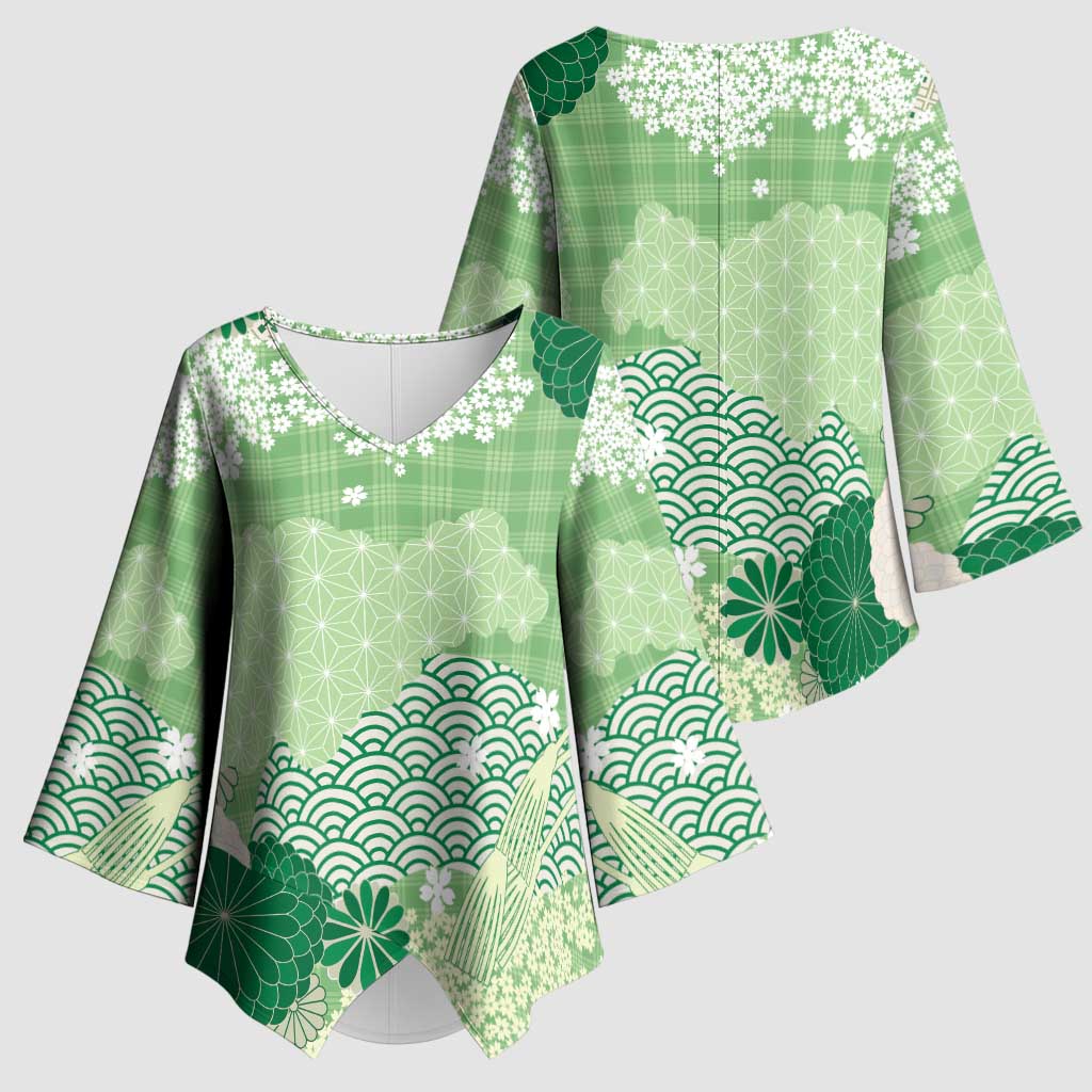 Green Palaka Japanese Patterns Kimono Sleeve Blouse Asanoha Seigaiha Sakura Motif - Polynesian Pride