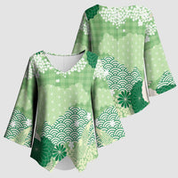 Green Palaka Japanese Patterns Kimono Sleeve Blouse Asanoha Seigaiha Sakura Motif - Polynesian Pride