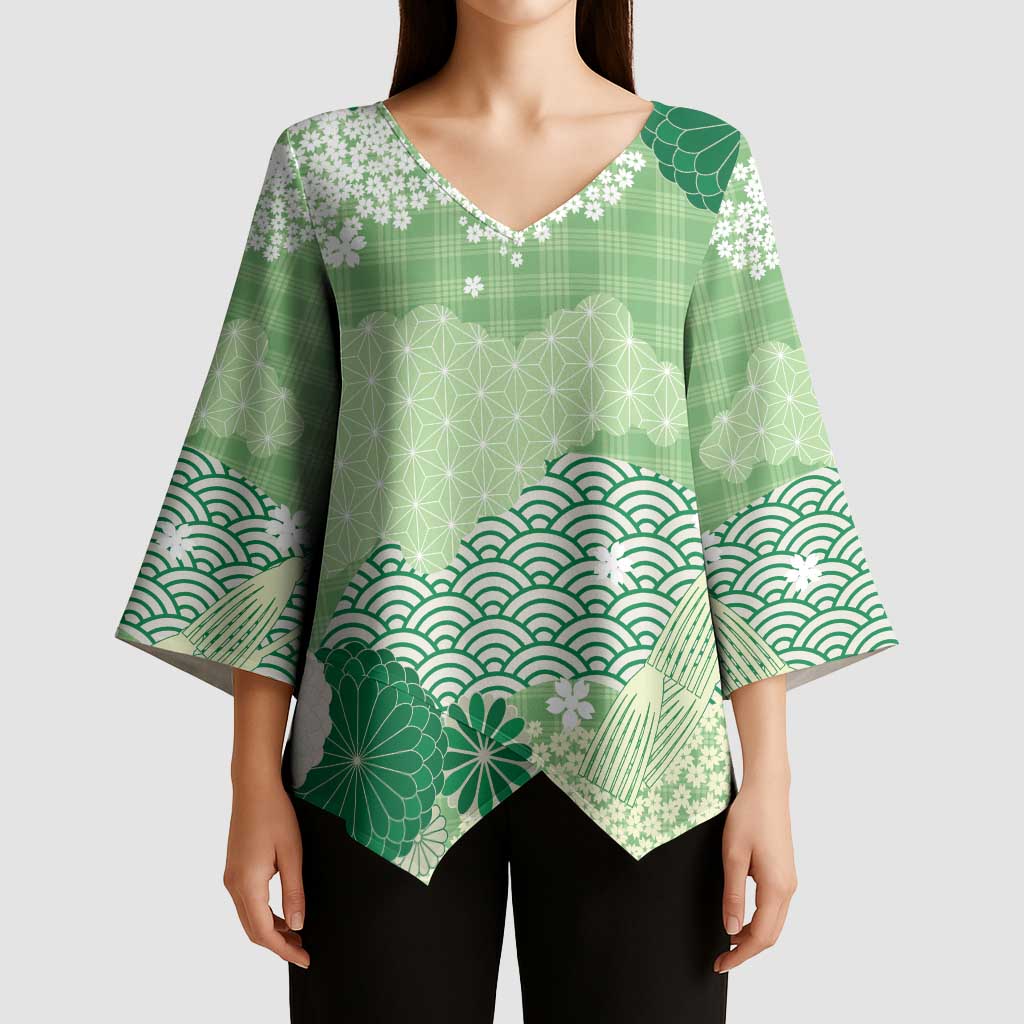 Green Palaka Japanese Patterns Kimono Sleeve Blouse Asanoha Seigaiha Sakura Motif - Polynesian Pride
