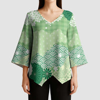 Green Palaka Japanese Patterns Kimono Sleeve Blouse Asanoha Seigaiha Sakura Motif - Polynesian Pride